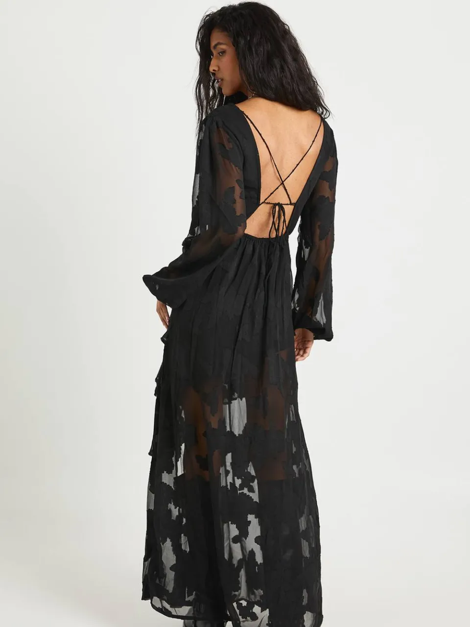boohoo Dames Burnout Floral Frill Detail Maxi Jurk zwart, foto 2