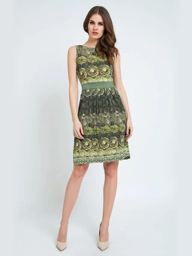 Conquista Mouwloze A-Lijn Print Jurk Jersey Groen