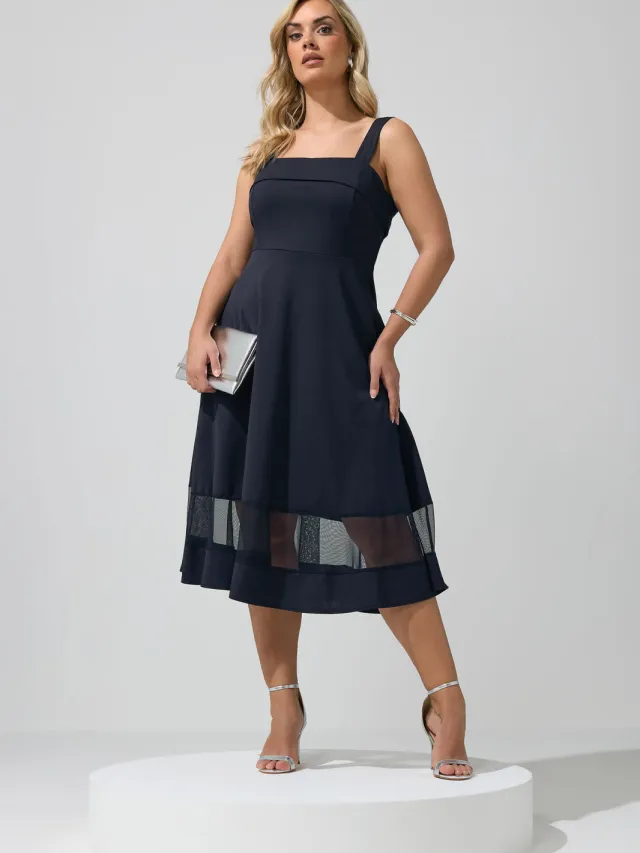 Yours London Marineblauwe Jurk Met Mesh Inzet Blue