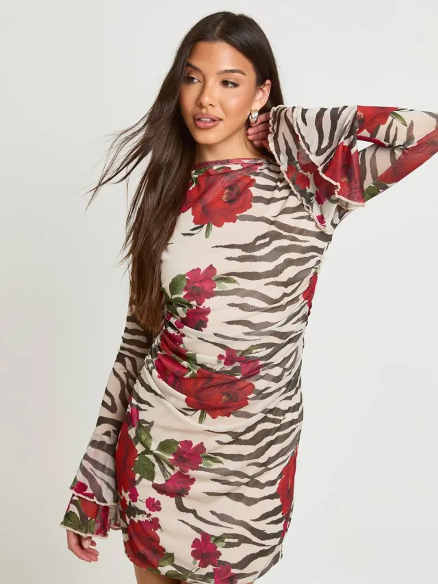boohoo Dames Mini-jurk Met Gemixte Dierenprint En Uitlopende Mouwen Steen