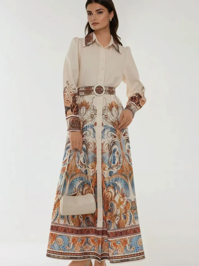 Hiccup Geprinte Lange Mouwen Maxi Jurk met Riem Wit