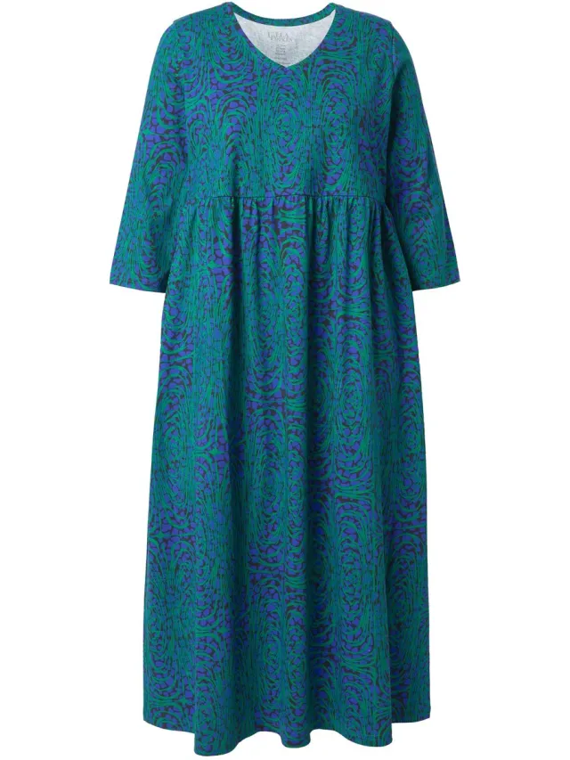Ulla Popken Dames - Maxi-jurk dier A-lijn V-hals 3/4-mouwen - Azuurblauw - Maat 62+