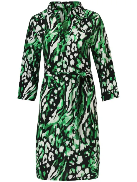 Smashed Lemon Groen en zwart dierenprint jurk met v-hals en kraag