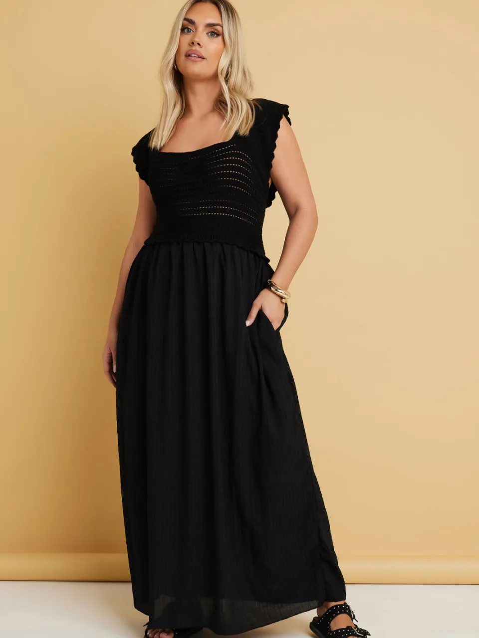 Yours Geweven Maxi Jurk Met Gehaakt Detail En Kapmouwen In Zwart-44 Black