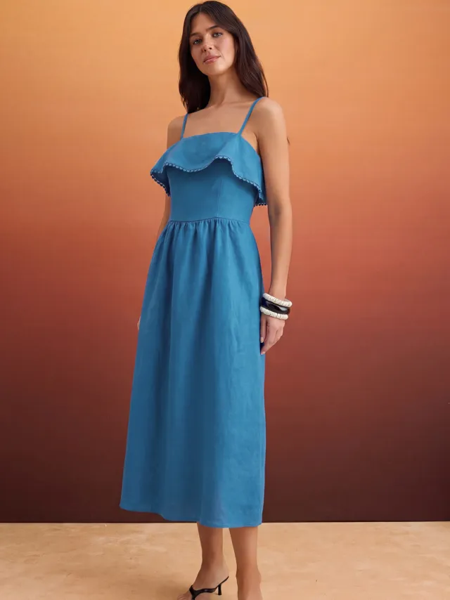 Trendyol TRENDYOLMİLLA Dames Blauw Effen Midi Mouwloos A-lijn Jurken