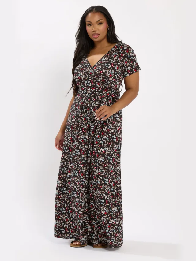 Yours Lange Wikkeljurk Met Bloemenmotief En Korte Mouwen In Zwart-52 Black
