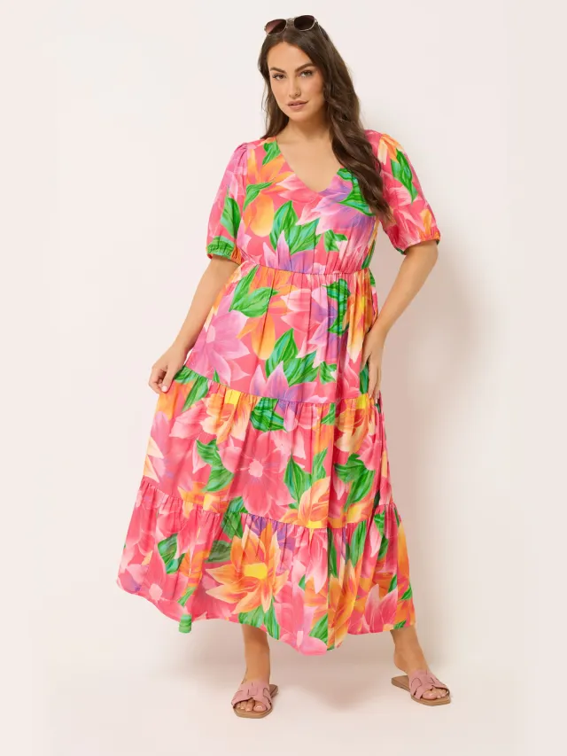 Yours Roze Maxijurk Met Bloemenprint, Pofmouwen En Lagen Pink
