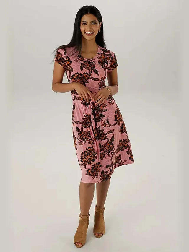 Aniston Jurk | Blad en bloemen motief | midi lengte | Rood- meerkleurig