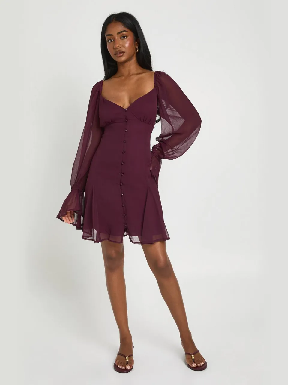 boohoo Dames Mini-jurk Van Gestructureerde Chiffon Met Godet Zoom pruim, foto 3