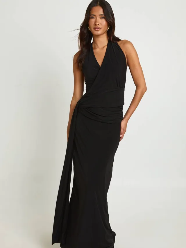 boohoo Dames Maxi Jurk Met Draperende Voorkant En Lage Rug Zwart