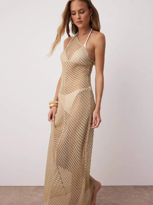 Trendyol TRENDYOLMİLLA Dames Beige Ajour Maxi Mouwloos Strandkleding Recht Jurken