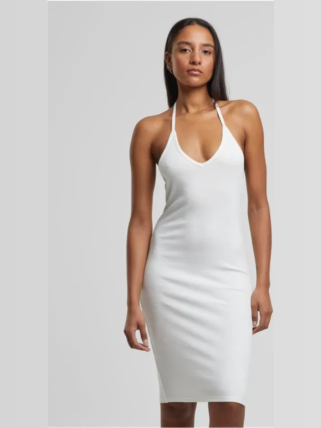 Urban Classics Ladies Rib Jersey Neckholder Dress Dames Midi-jurk - gebroken wit