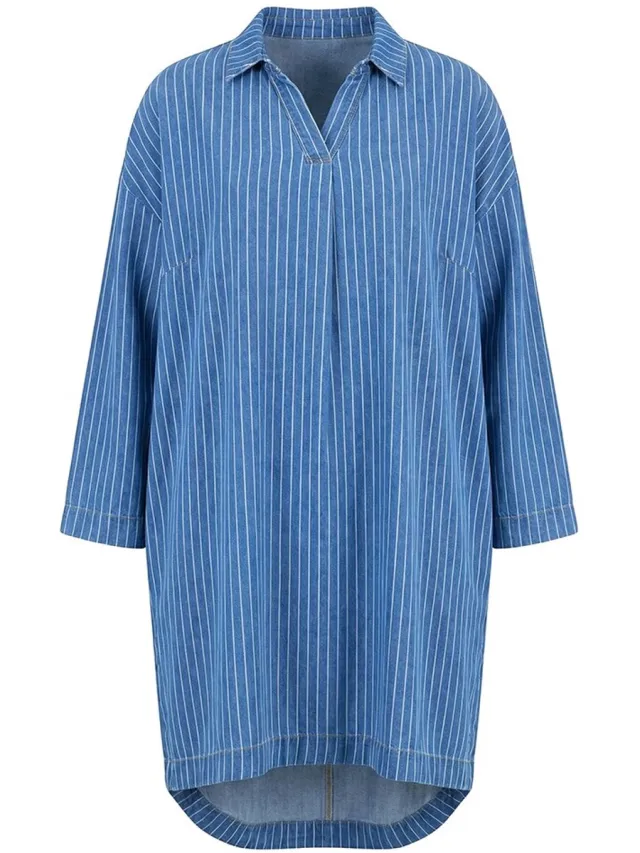 Laurasøn Dames - Denim jurk met strepen lange mouwen - Blauw denim - Maat 52+