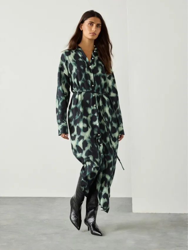 Next Dames - Overhemdjurk met gestrikte taille en lange mouwen - Tall - Groen Black/Green Animal Print