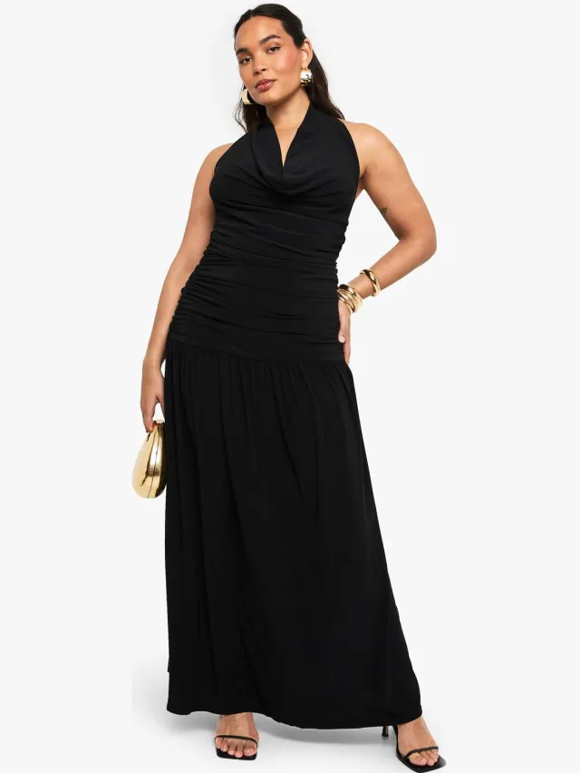 boohoo Dames Plus Maxi-jurk met dubbele laag en geruched cowl-detail Zwart