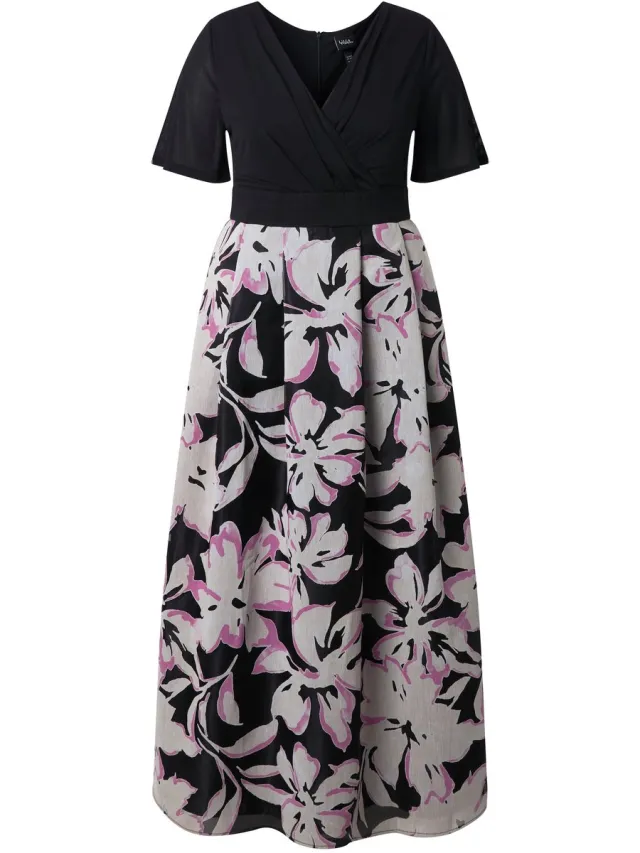 Ulla Popken Dames - Maxi-jurk ausbrenner V-hals korte mouwen - Zwart - Maat 42+