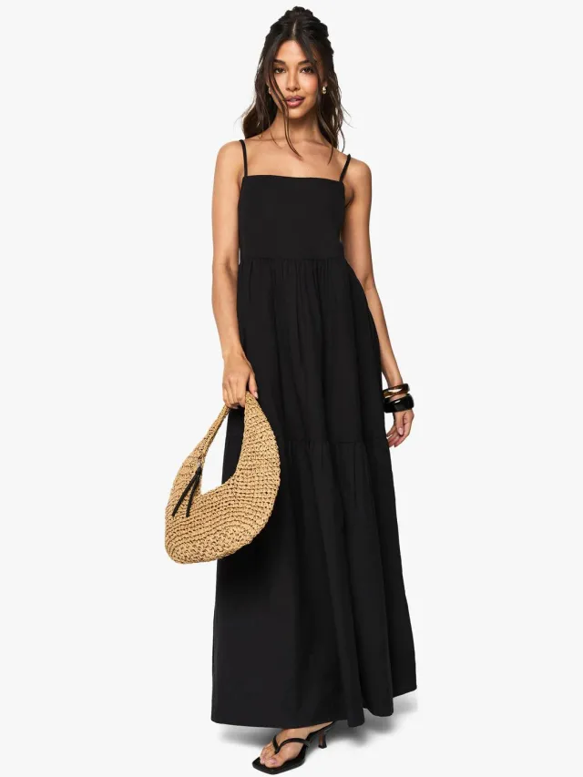 boohoo Dames Gelaagde Linnen Maxi-Jurk met Bandjes Zwart