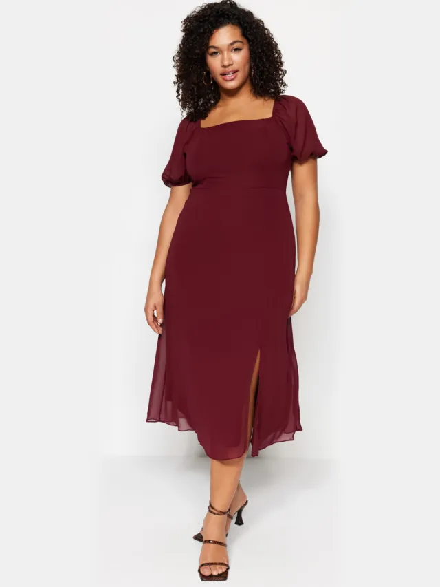 Trendyol Curve Dames Bordeaux Effen Midi Kort Casual A-lijn Grote maten Jurk Bordeauxrood