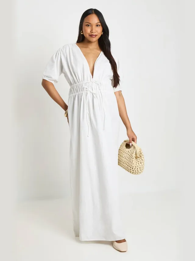 boohoo Dames Zwangerschaps Geplooide Maxi Jurk Met Strikdetail Wit