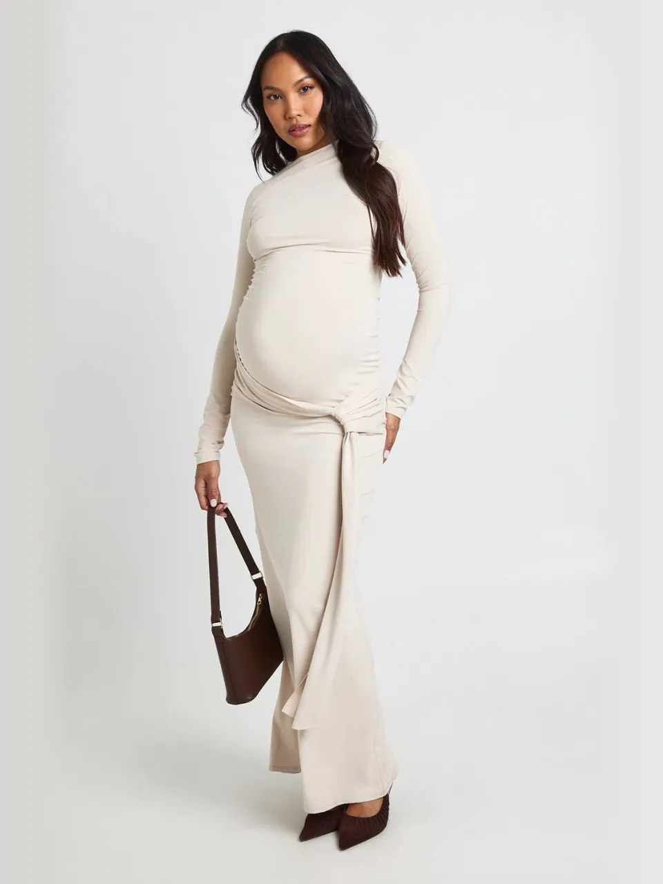 boohoo Dames Zwangerschaps Maxi Jurk Met Strik Onder Buik En Asymmetrische Zoom steen, foto 3