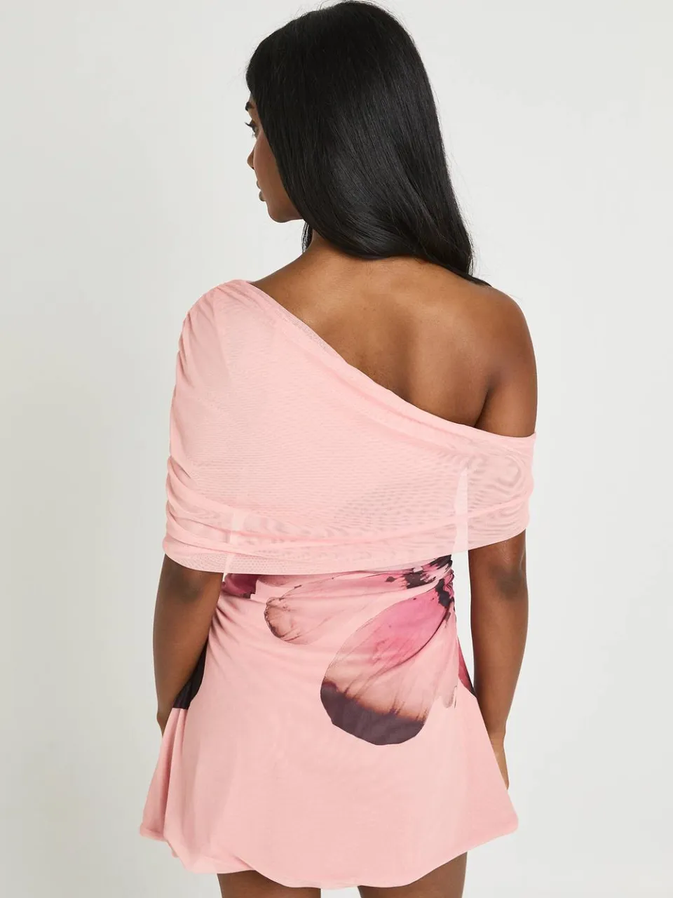 boohoo Dames Mesh Grote Bloemenprint One-shoulder Mini Jurk blush, foto 2
