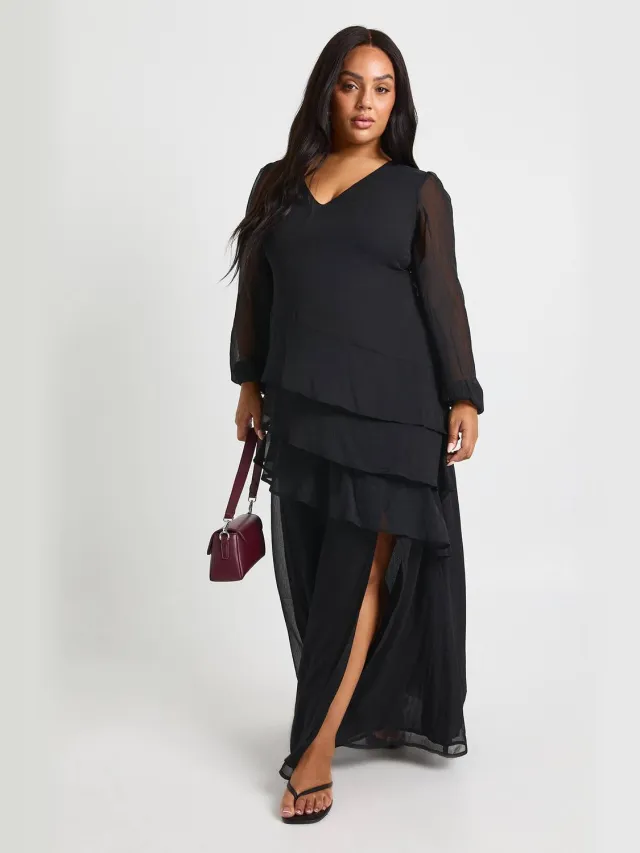 boohoo Dames Plus Chiffon Ruche Maxi-jurk Zwart