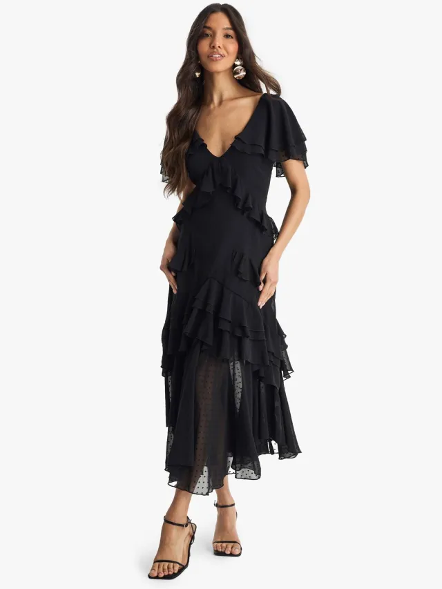 boohoo Dames Dobby Frill Detail Maxi Jurk zwart