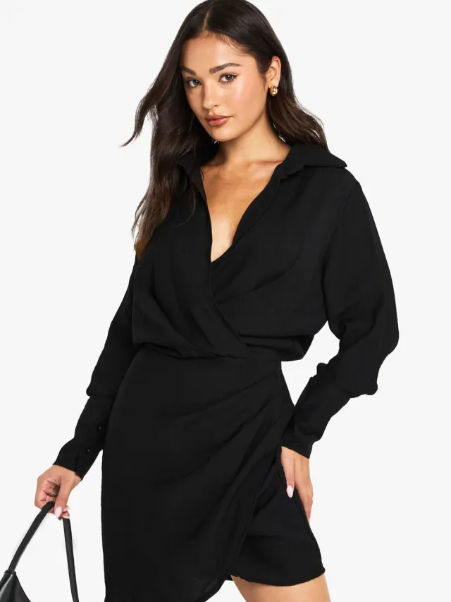 boohoo Dames Lange Jurk met kraag en wikkelontwerp Zwart