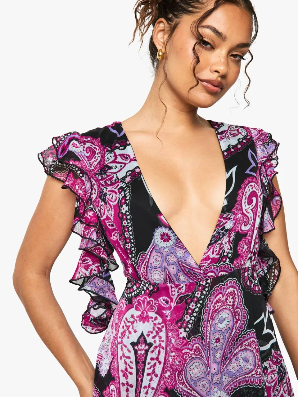 boohoo Dames Paisley Ruffle Detail Lace Trim Mini Dress zwart, foto 4
