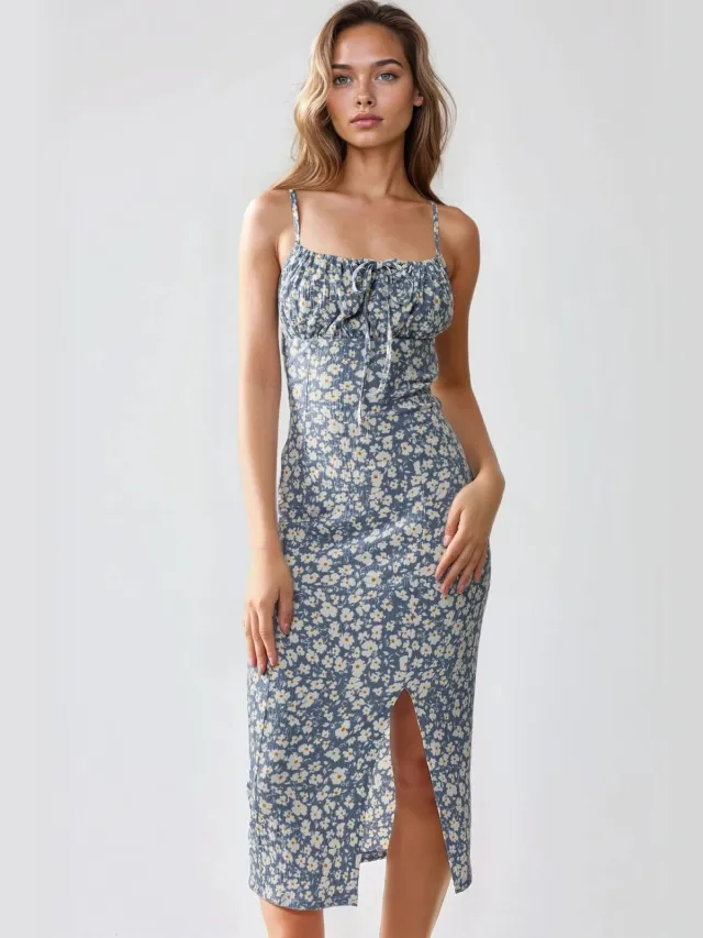 Hiccup Alldoor Bloemenprint Lichaamsnauwsluitende Midi-jurk met Splits Pastelblauw