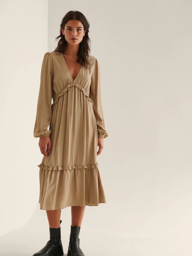 NA-KD Maxi-jurk met ballonmouwen en ruches- Maat EU 38 Dark Beige