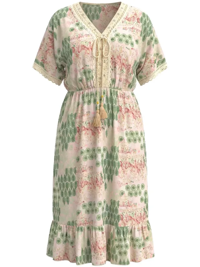 MIAMODA Dames - Midi-jurk comfortabele pasvorm all-over print kanten linten - Rietgroen