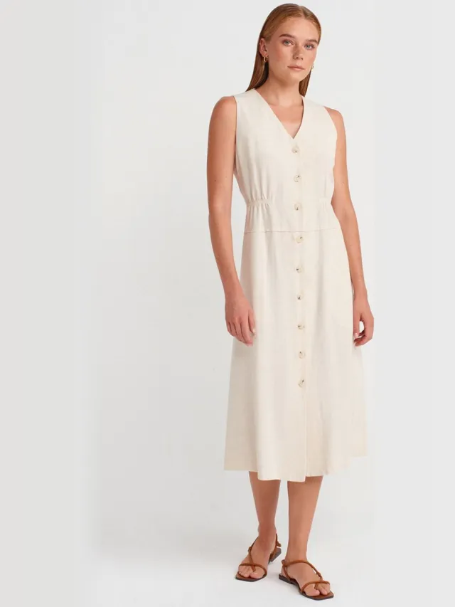 Dilvin Mouwloze Midi-Jurk Met V-Hals En Knopen Crème