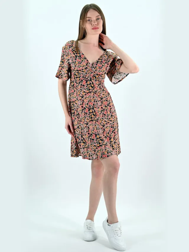 YESMOOI Mini Jurk met Bloemenprint - V-hals en Open Rug - M (38) - Roze | Oranje | Beige Zwart - Roze