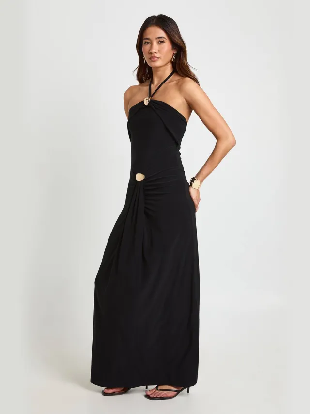 boohoo Dames Glanzende Maxi-jurk Met Gouden Details Halternek En Geplooid Voorpand Zwart