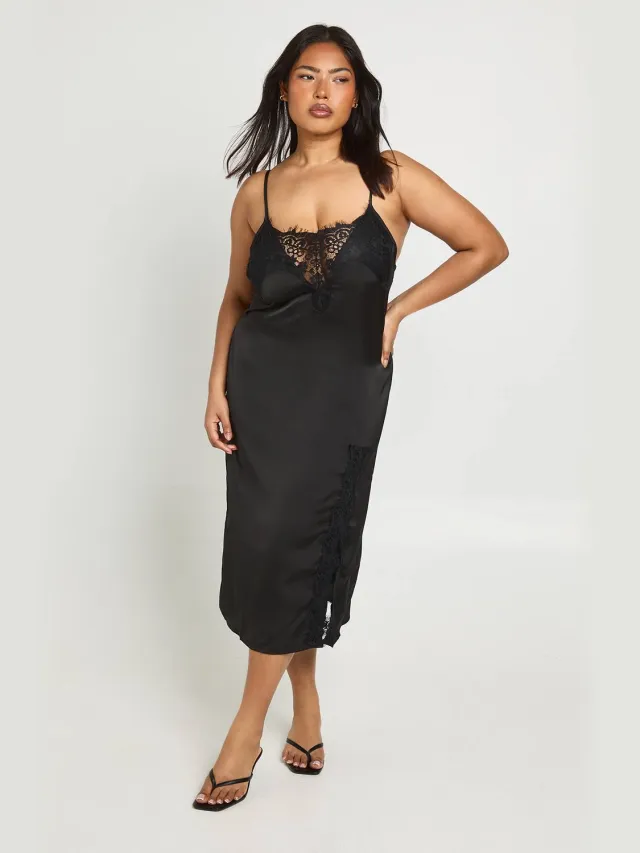 boohoo Dames Plus Satijnen Slip Jurk Met Contrasterende Kanten Rand Detail Zwart