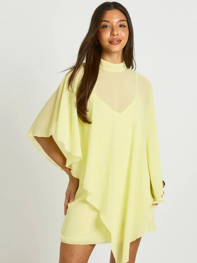 boohoo Dames Mini-jurk Met Zwierige Cape Detail Citroen