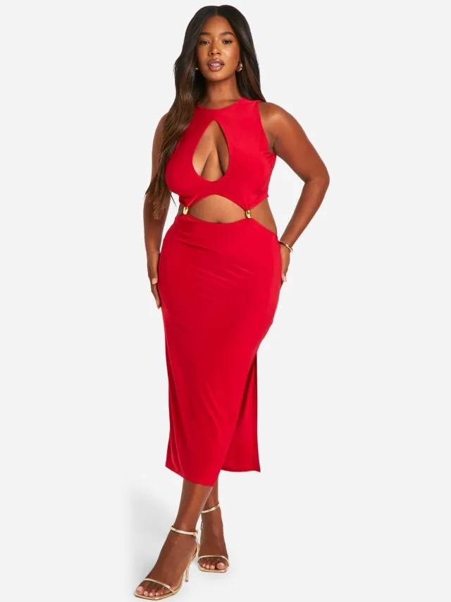 boohoo Dames Plus Midaxi-jurk met sleutelgat, kralenaccent en uitsnijding Rood