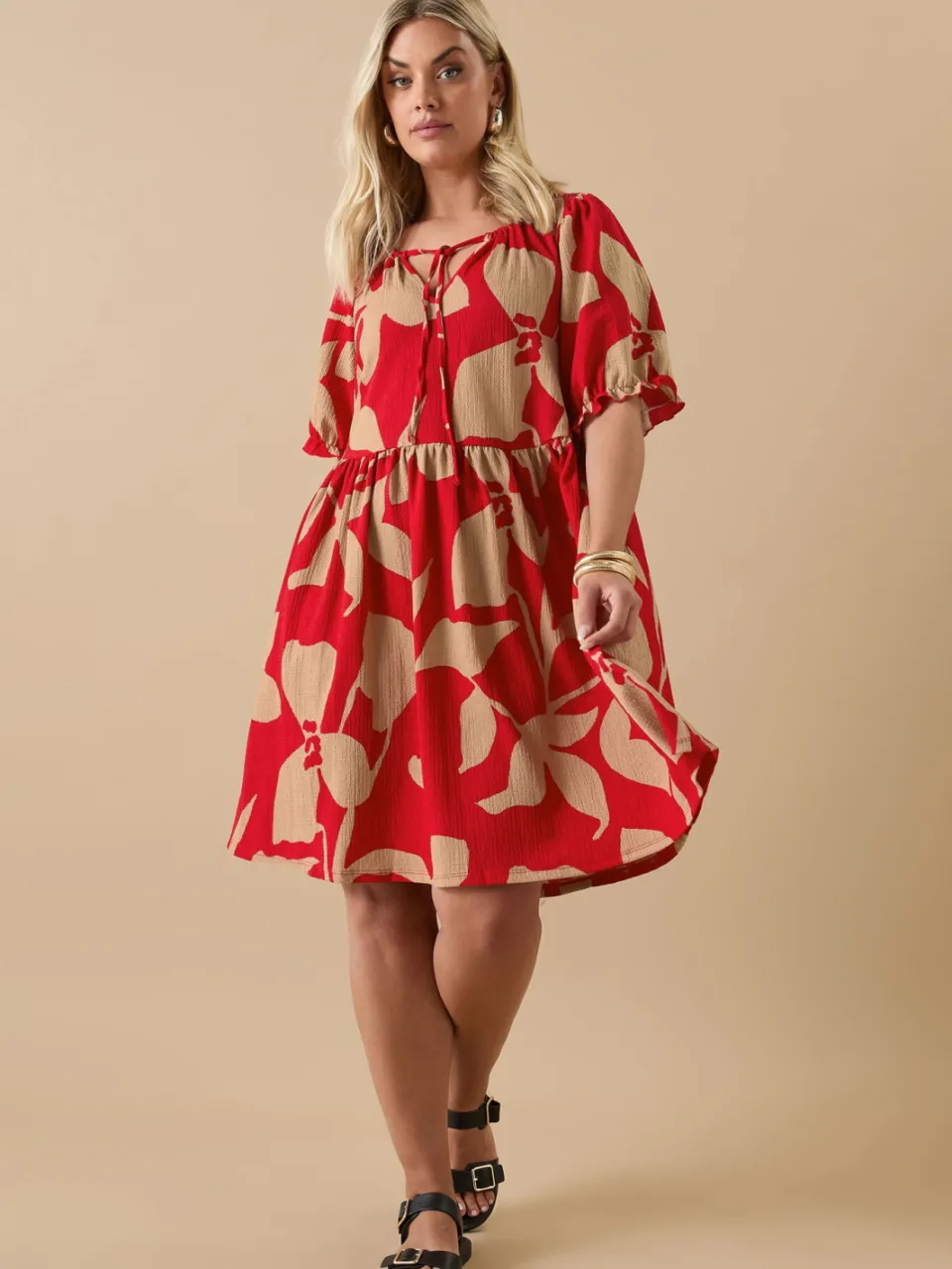 Yours Mini Jurk Met Abstracte Bloemenprint En Striksluiting In Rood-52, foto 2