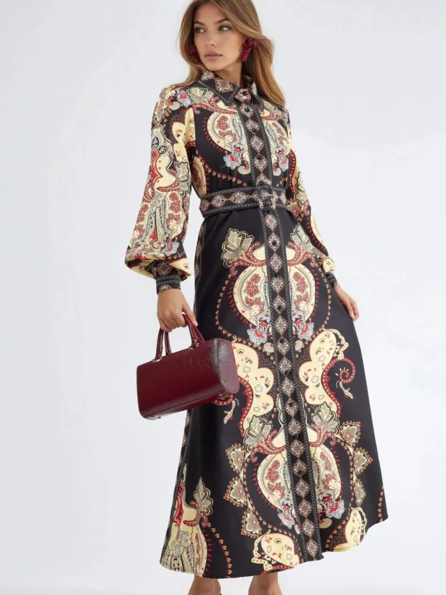 MSN Collection Patroon Maxi-jurk met Riem Wit