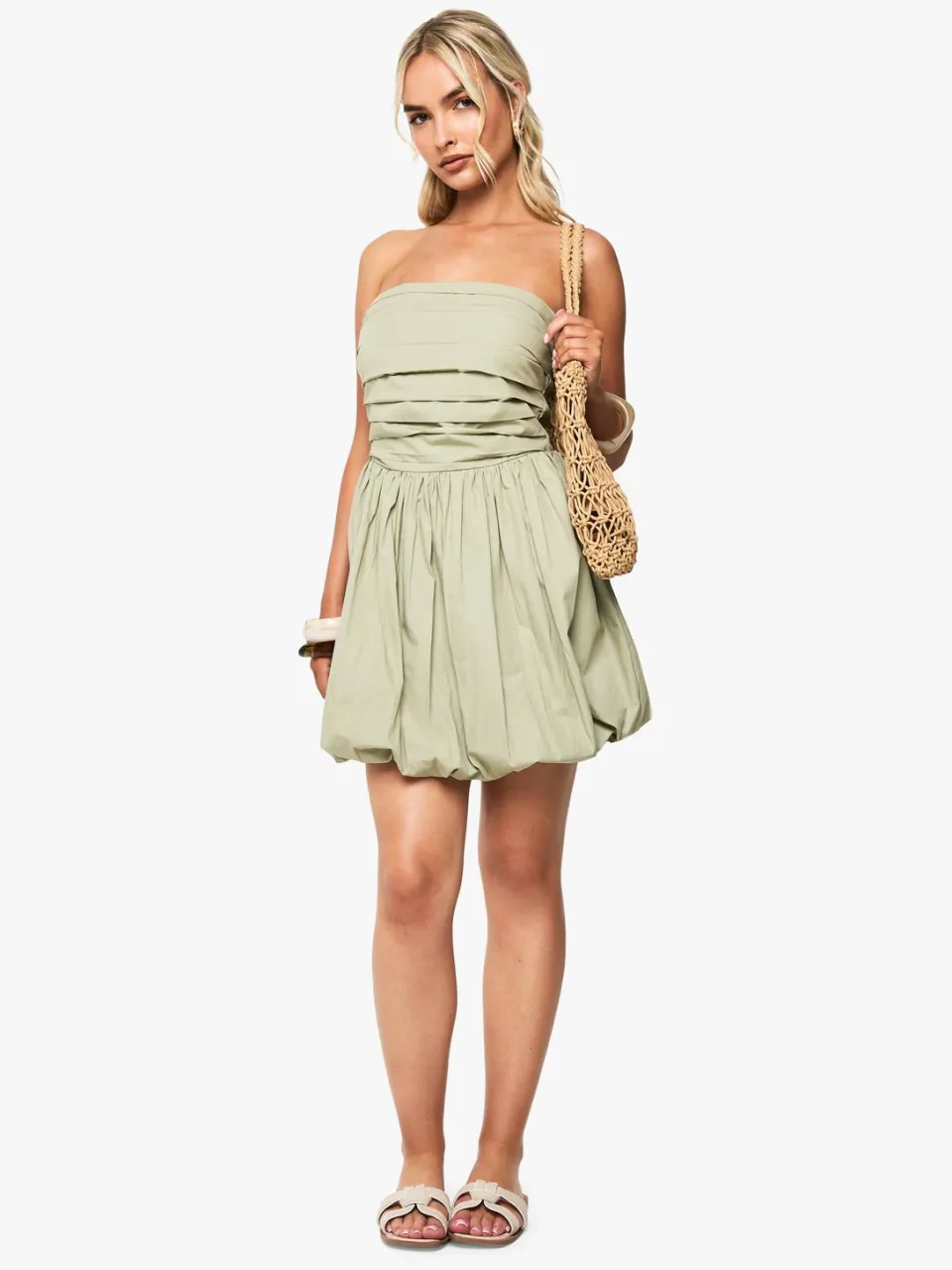 boohoo Dames Katoenen poplin bandeau puffball mini jurk verstandig, foto 3
