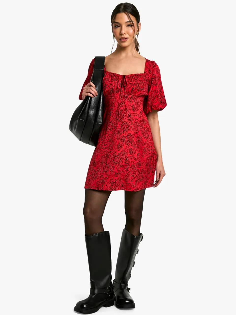 boohoo Dames Paisley Mini Jurk met Pofmouwen rood, foto 2