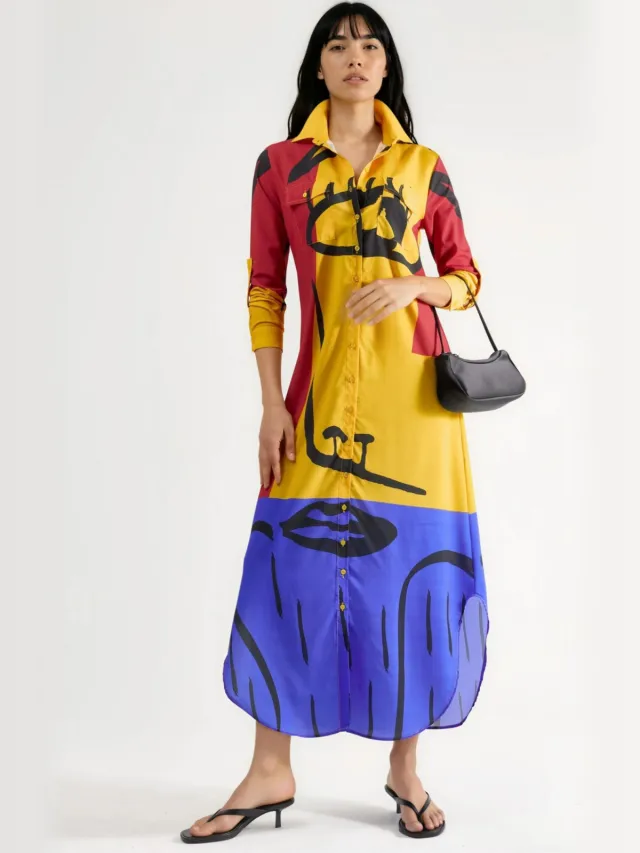 MSN Collection Abstracte Print Maxi Jurk met Knoopsluiting Geel