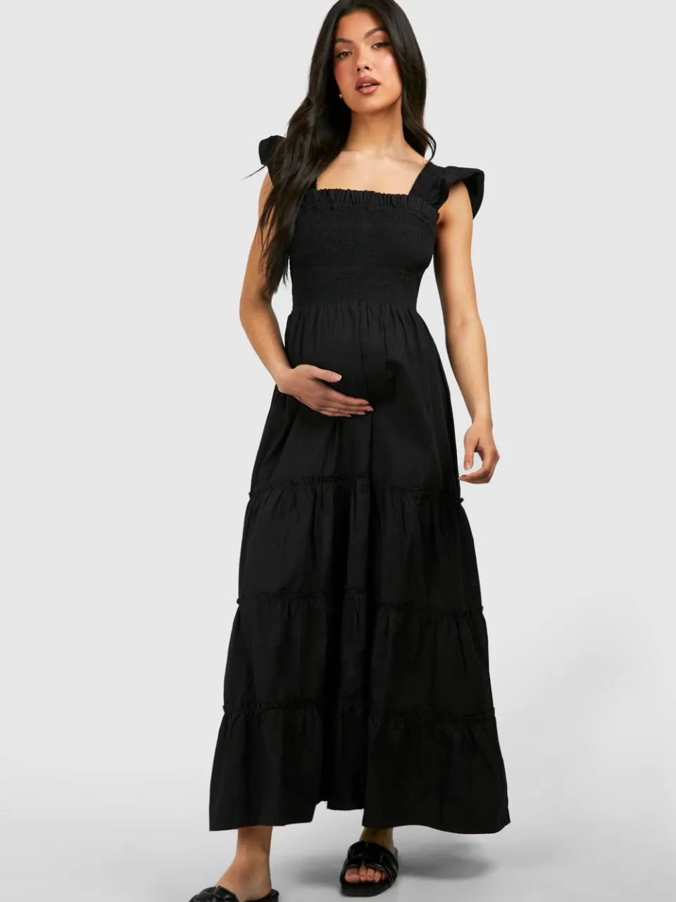 boohoo Dames Maternity Frill Sleeve Midaxi Dress zwart, foto 3