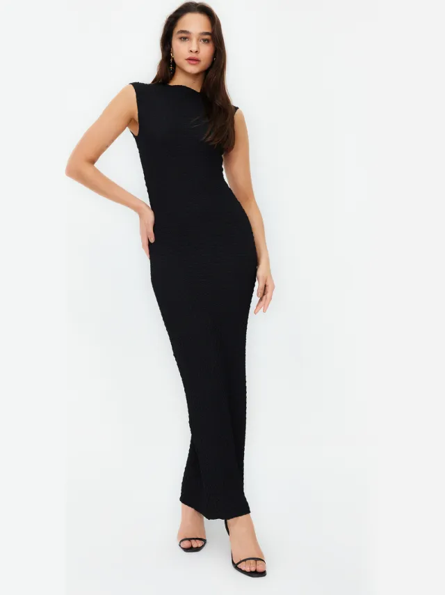 Trendyol TRENDYOLMİLLA Dames Zwart Effen Maxi Mouwloos Casual Bodycon Jurken