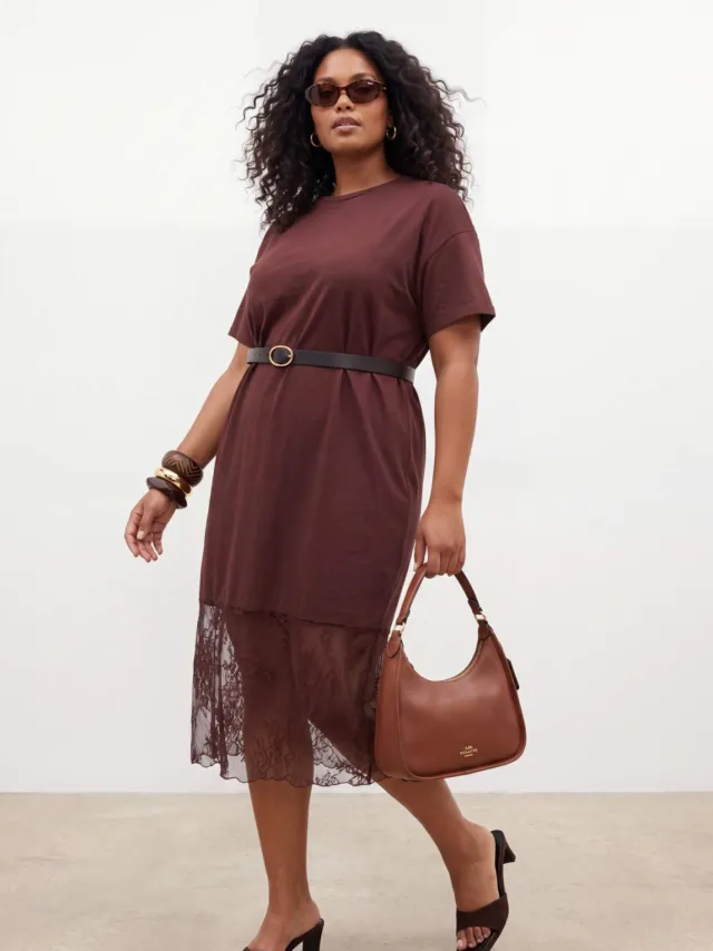 Trendyol Curve Dames Bruin Effen Midi Kort Recht Grote maten Jurk