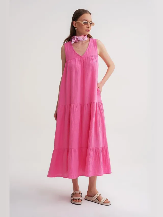 Mixray Mouwloze V-hals Muslin Midi-jurk met zakken Roze