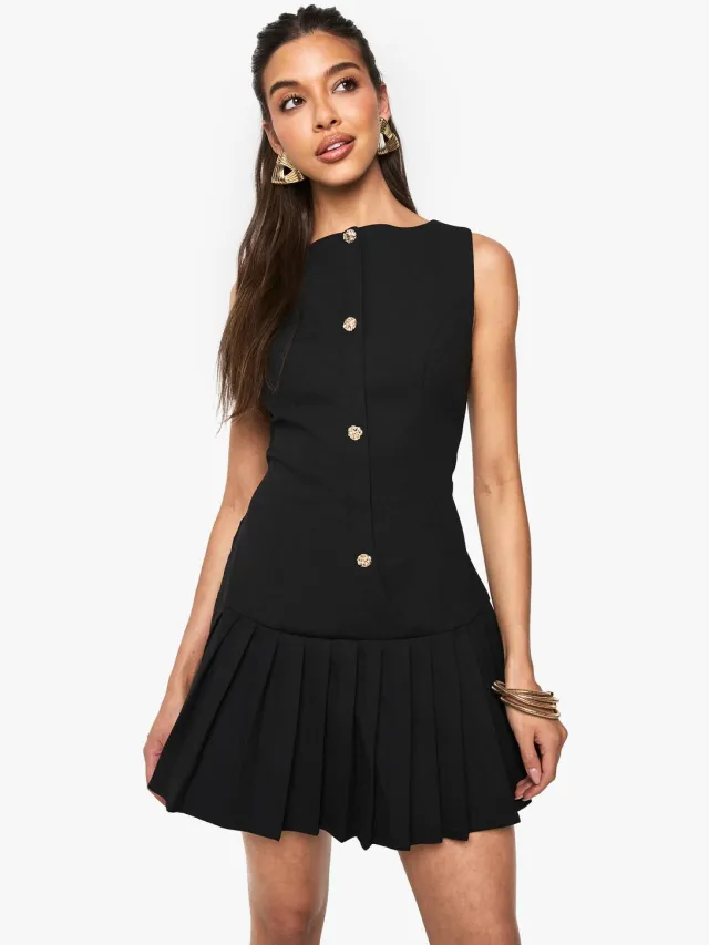 boohoo Dames Geplooide mini-jurk met verlaagde taille Zwart