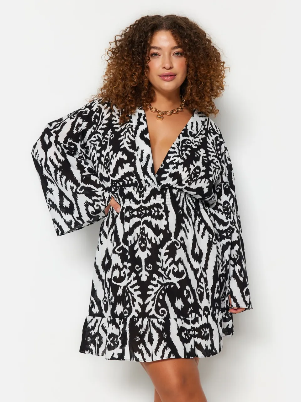 Trendyol Curve Dames Zwart Etnisch patroon Kort / Mini Lang Strandkleding Skater Grote maten Jurk, foto 2