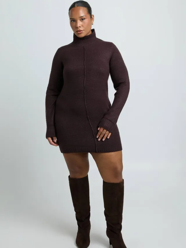 boohoo Dames Plus Hoogsluitende Gebreide Mini Trui-jurk Met Naaddetail Chocoladebruin